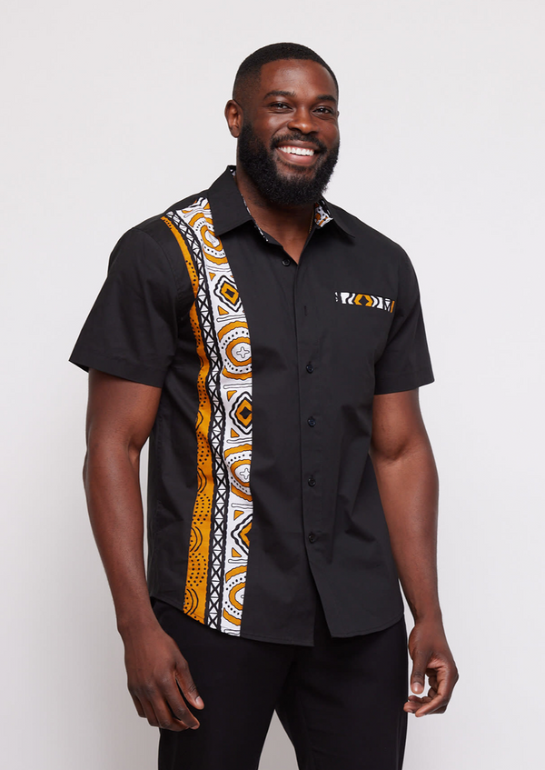 Tumelo Men's Applique Button-Up Shirt (Black/Gold White Mudcloth) -Clearance