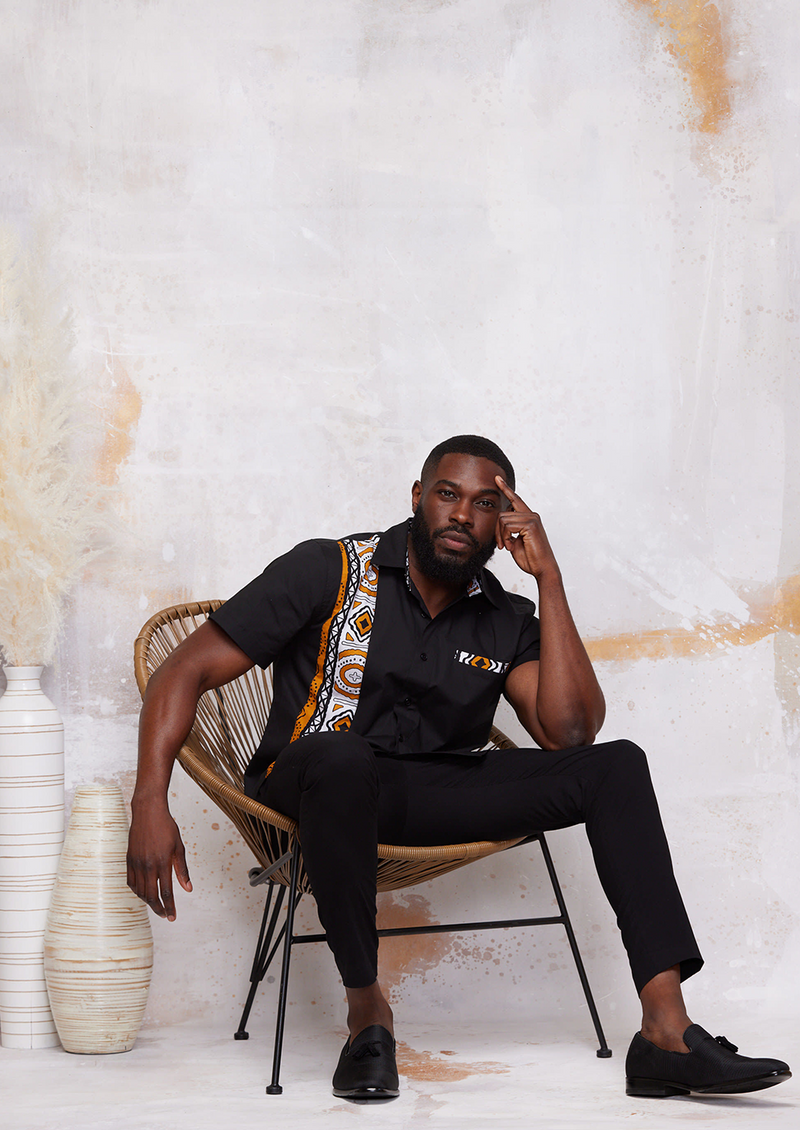 Tumelo Men's Applique Button-Up Shirt (Black/Gold White Mudcloth) -Clearance