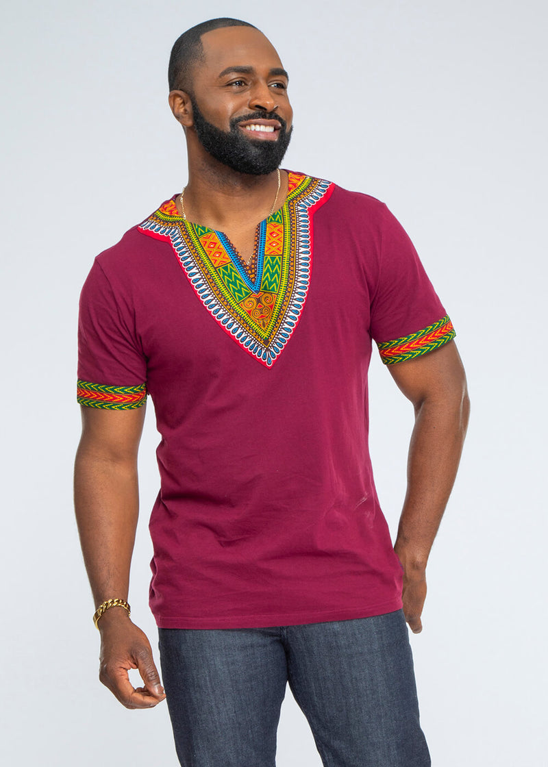 Men's African Print Dashiki T-Shirt (Deep Maroon)
