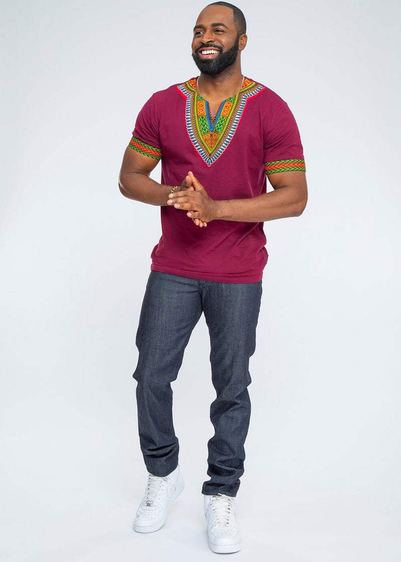 Men's African Print Dashiki T-Shirt (Deep Maroon)