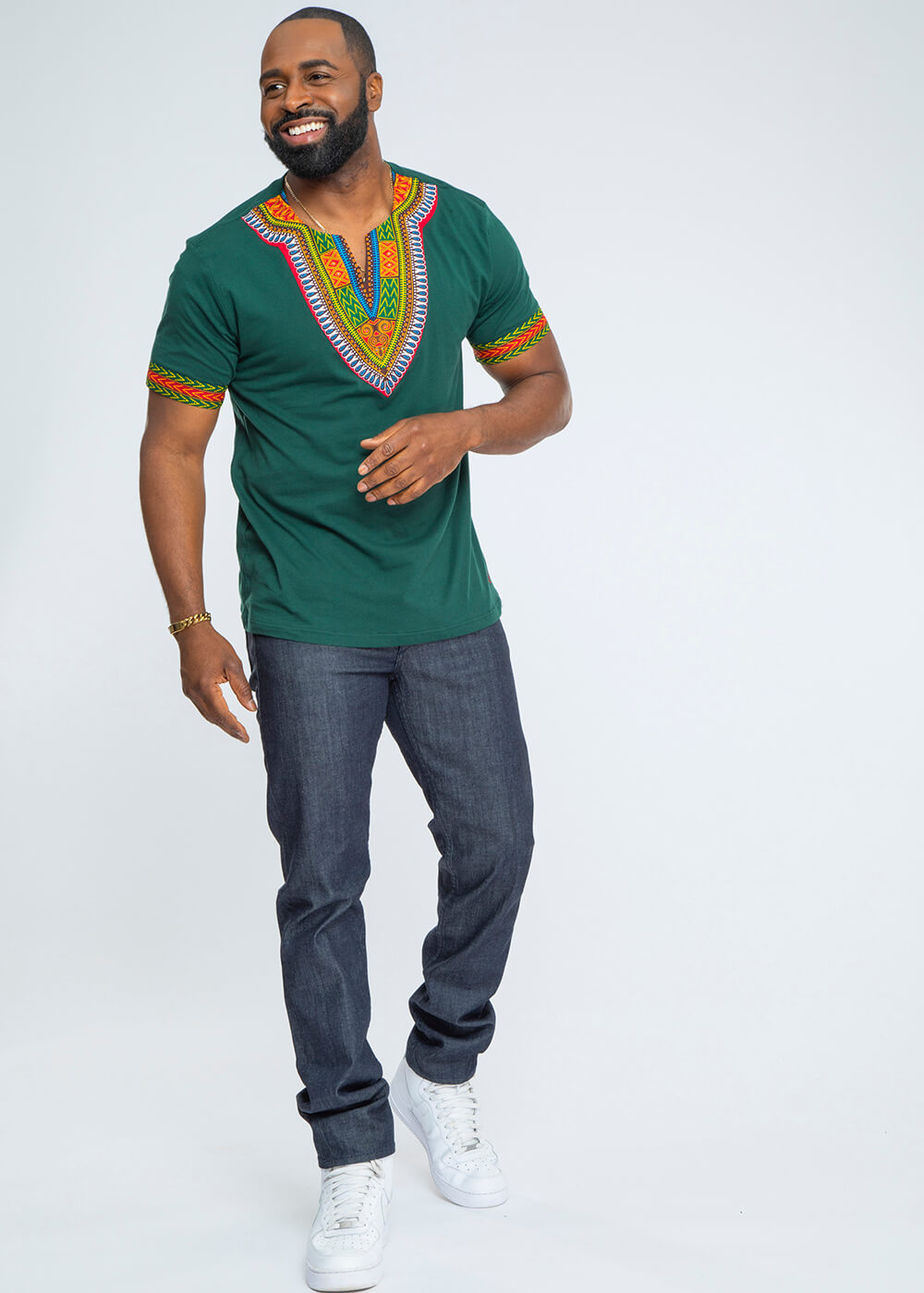Men's African Print Dashiki T-Shirt (Forest Green/Maroon)