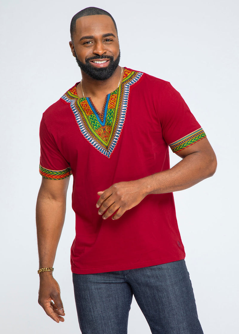 Men's African Print Men's Dashiki T-Shirt (Maroon)