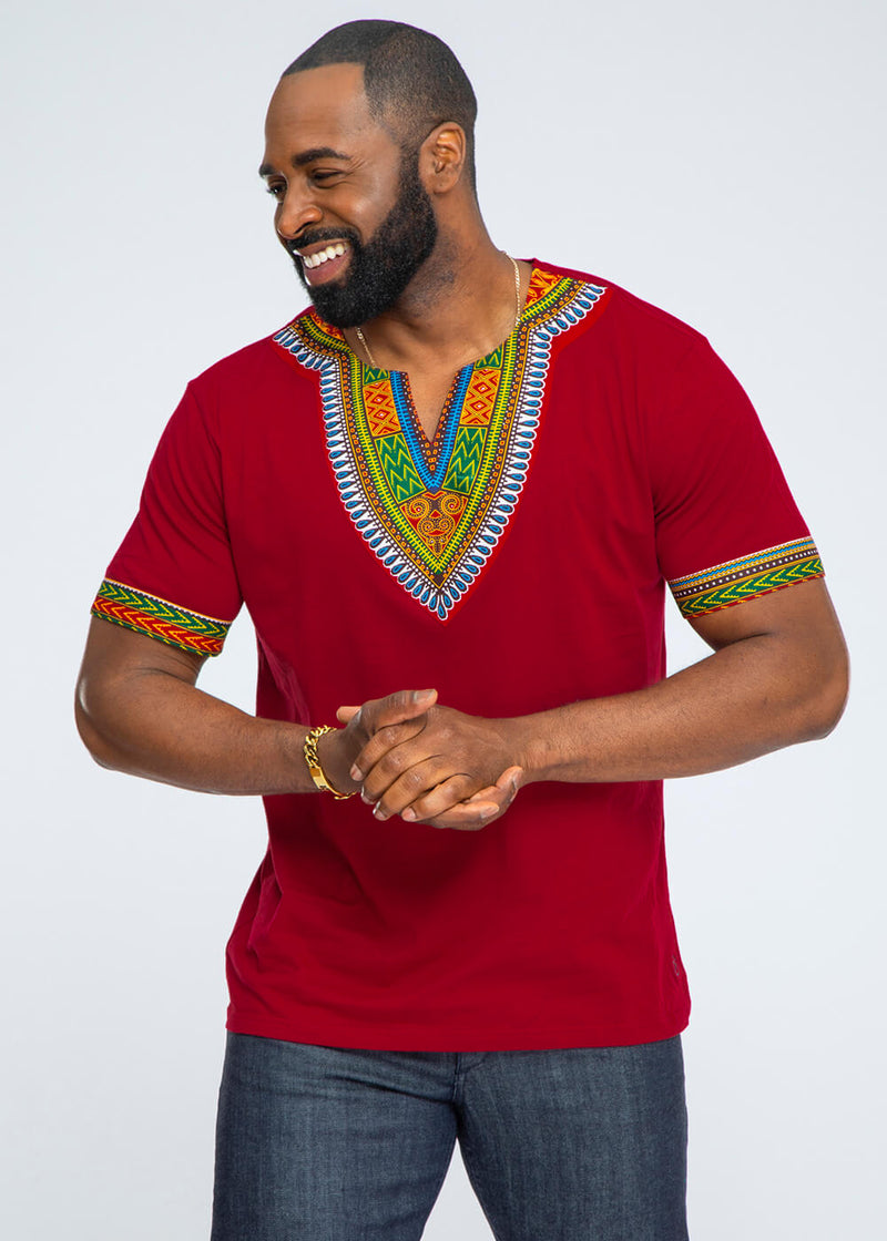 Men's African Print Men's Dashiki T-Shirt (Maroon)
