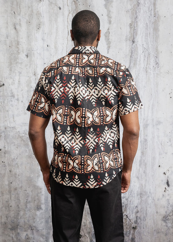 Dhiso Men's African Print Button-Up Shirt (Black Tan Batik) - Clearance