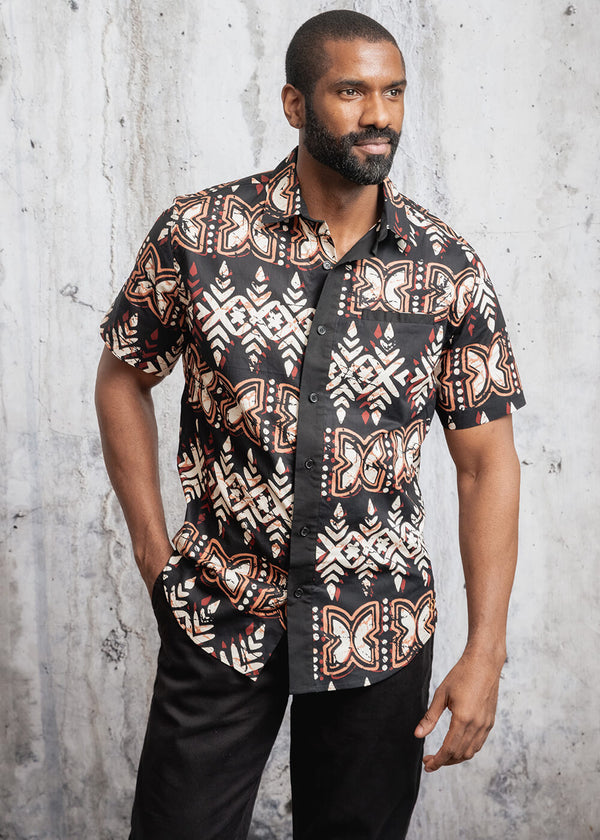 Dhiso Men's African Print Button-Up Shirt (Black Tan Batik) - Clearance