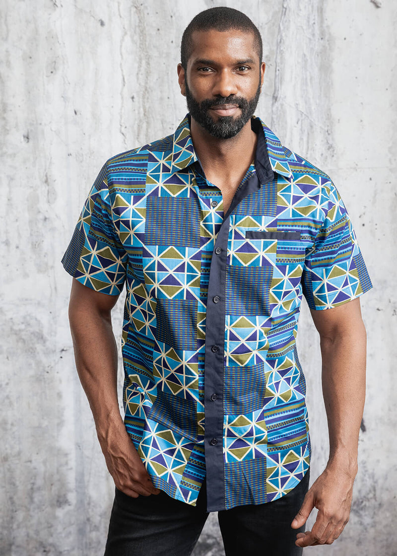 Dhiso Men's African Print Button-Up Shirt (Navy Olive Kente) - Clearance