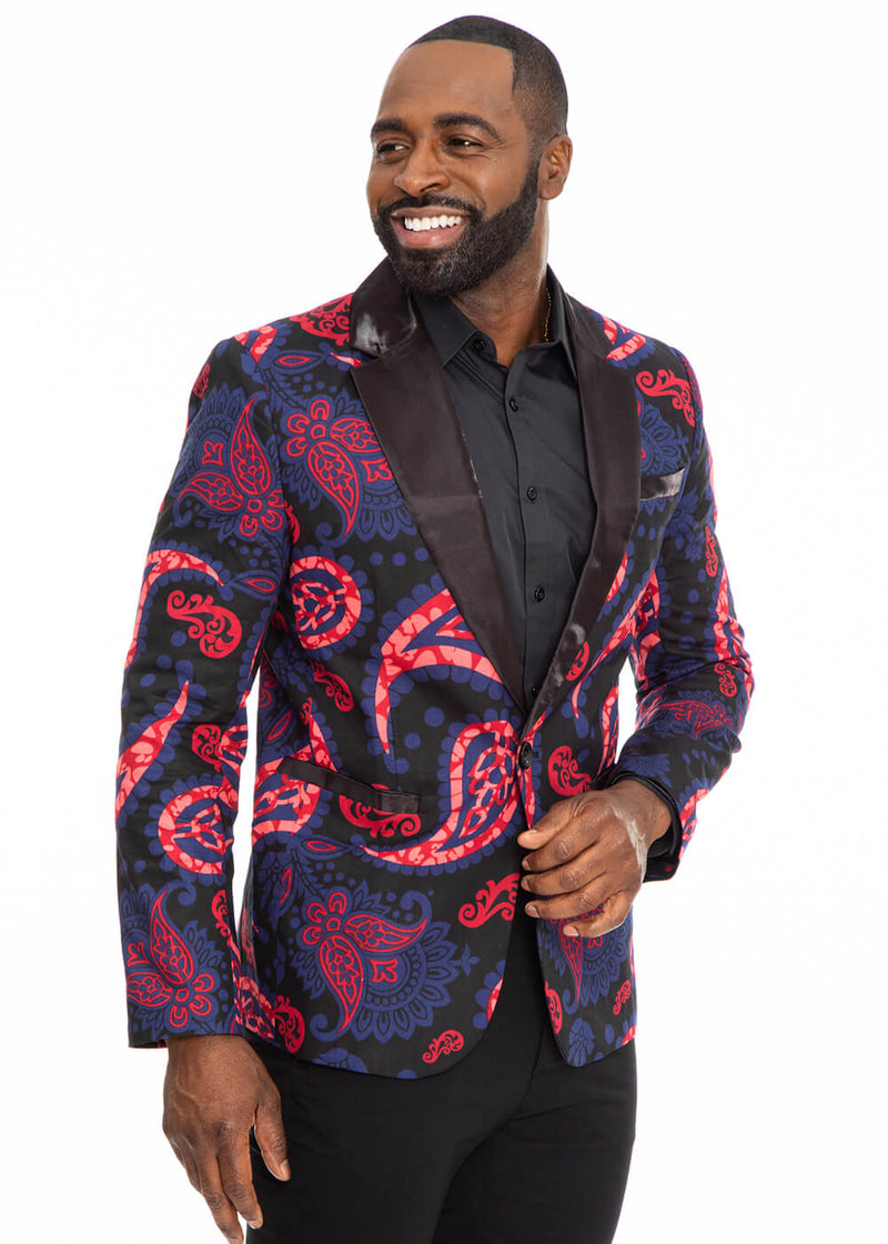 Enofe Men's African Print Blazer (Black/Black Maroon Paisley) - Clearance