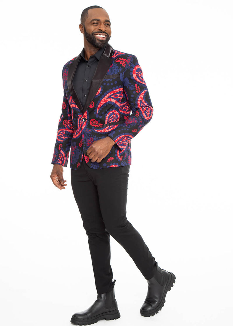 Enofe Men's African Print Blazer (Black/Black Maroon Paisley) - Clearance