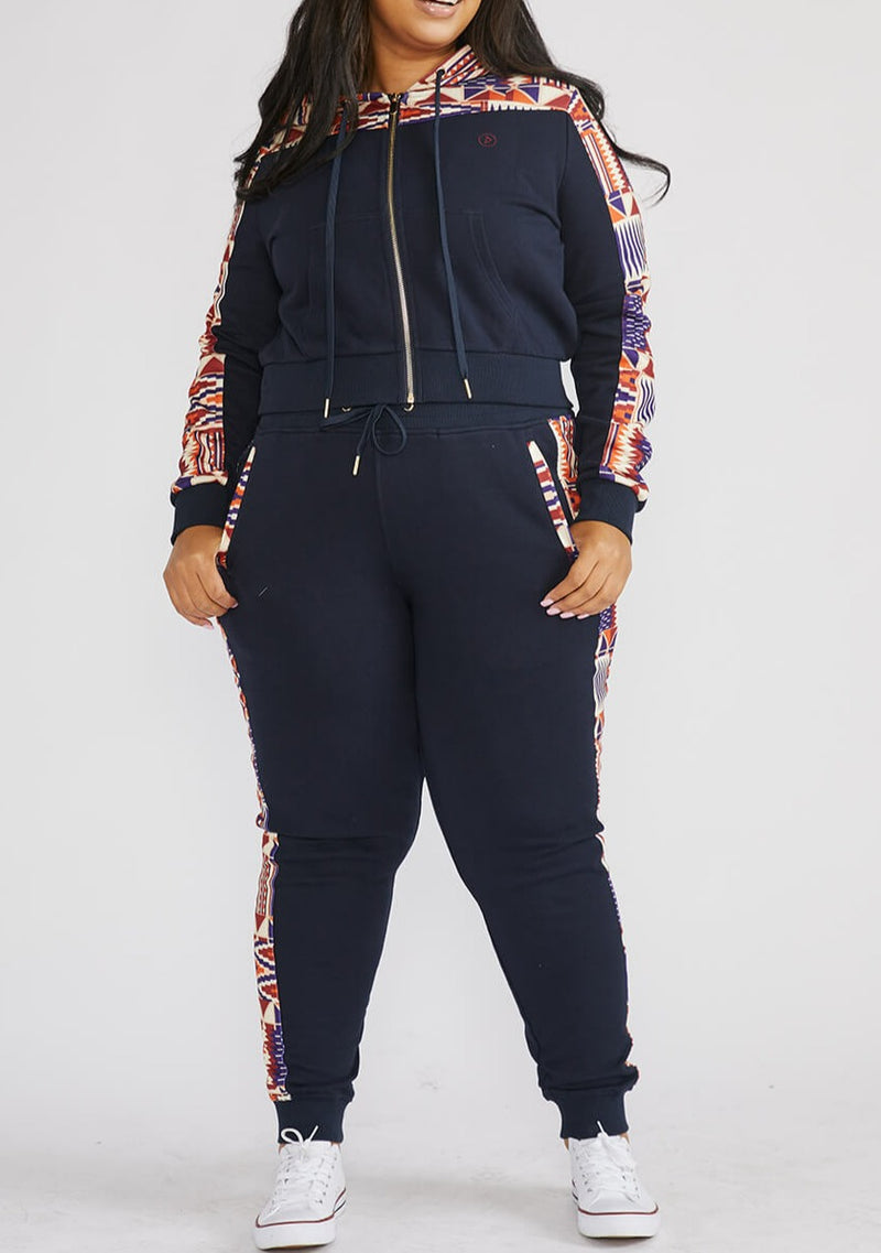 Ilipe Women's African Print Color-Blocked Joggers with Stripe (Navy/ Cream Maroon Kente) - Clearance