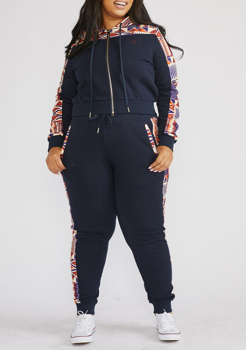 Mojuta Women's African Print Color-Blocked Zip-Up Hoodie (Navy/Cream Maroon Kente)
