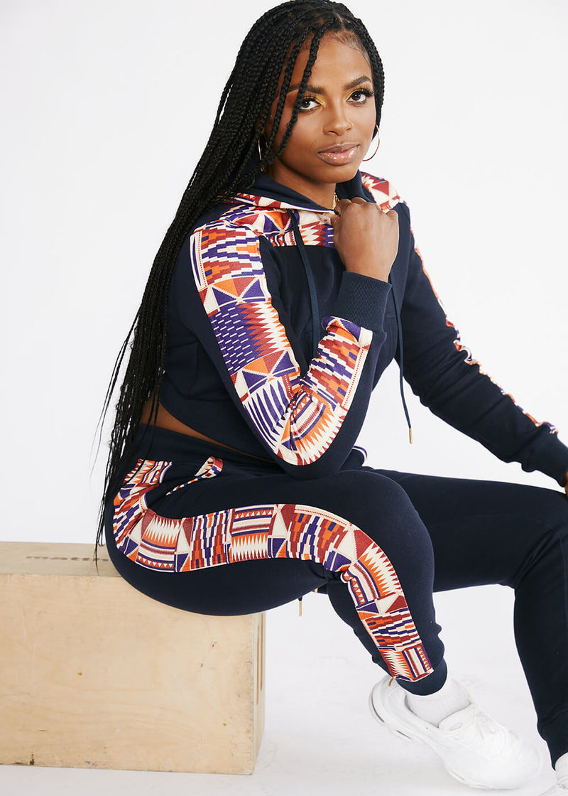 Mojuta Women's African Print Color-Blocked Zip-Up Hoodie (Navy/Cream Maroon Kente)