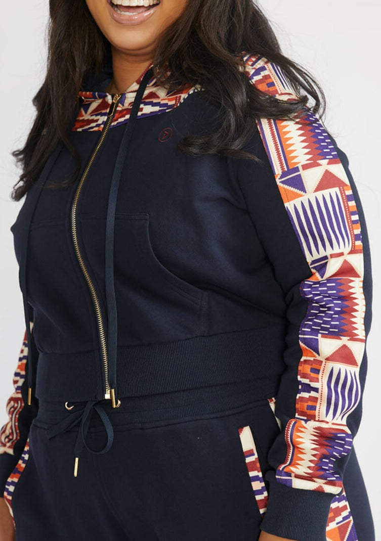 Mojuta Women's African Print Color-Blocked Zip-Up Hoodie (Navy/Cream Maroon Kente)