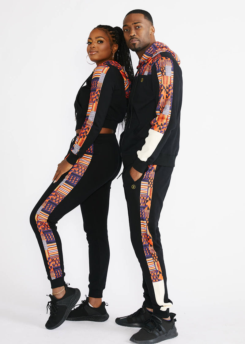Tumo Unisex African Print Color-Blocked Zip-Up Hoodie (Black/ Orange Navy Kente) - Clearance