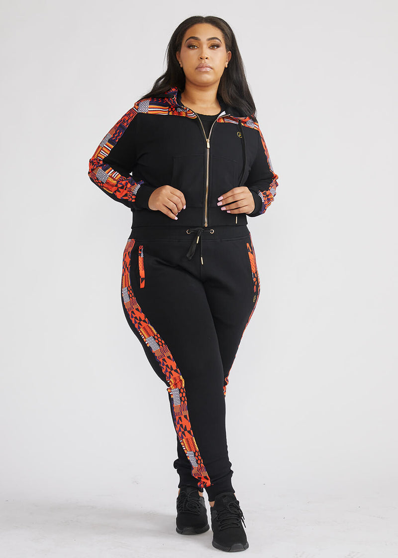 Mojuta Women's African Print Color-Blocked Zip-Up Hoodie (Black/Orange Navy Kente) - Clearance