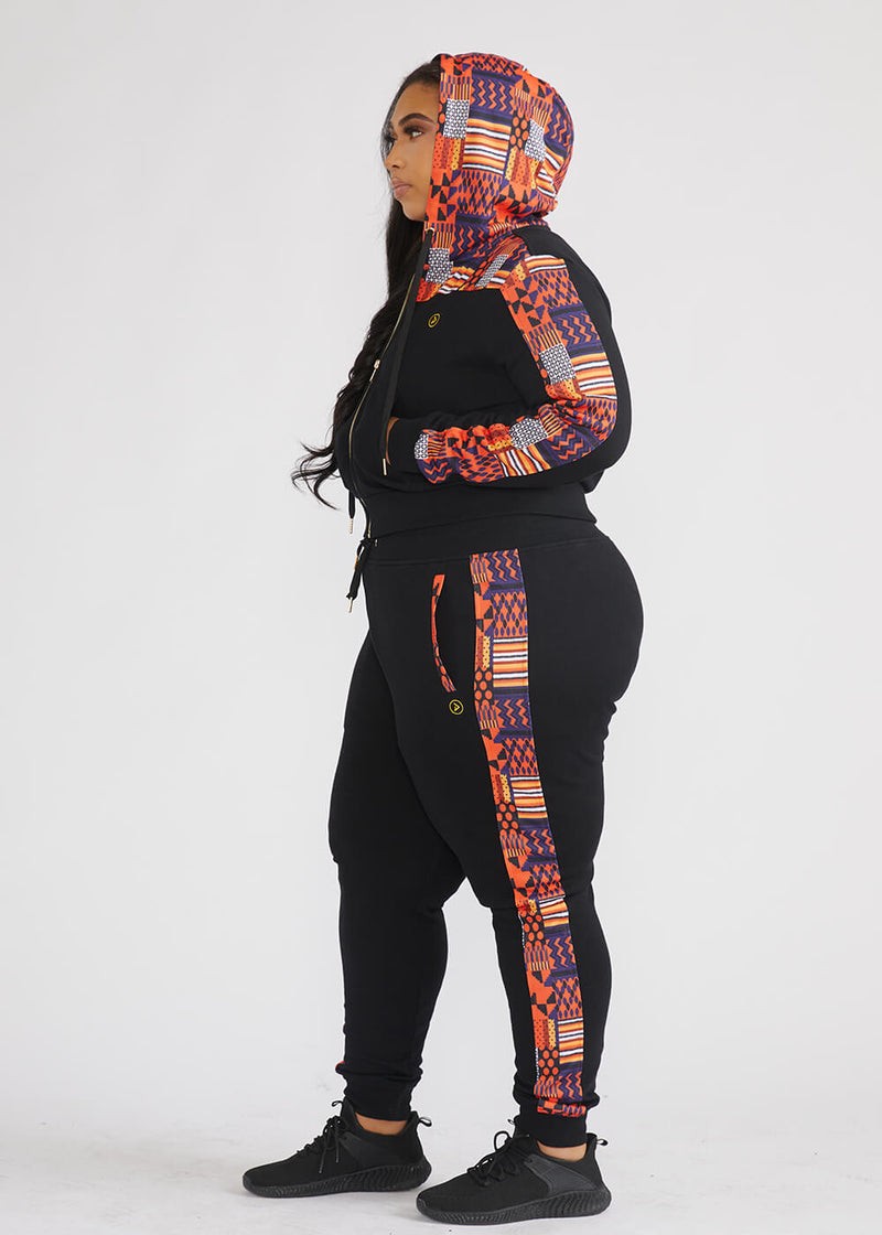 Mojuta Women's African Print Color-Blocked Zip-Up Hoodie (Black/Orange Navy Kente) - Clearance