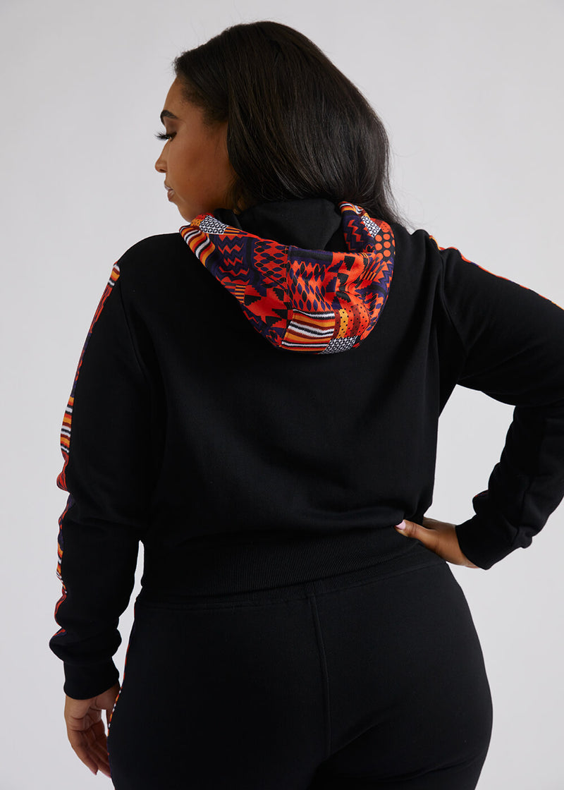 Mojuta Women's African Print Color-Blocked Zip-Up Hoodie (Black/Orange Navy Kente) - Clearance