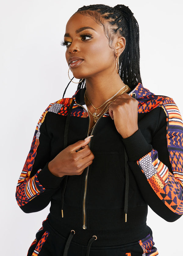 Mojuta Women's African Print Color-Blocked Zip-Up Hoodie (Black/Orange Navy Kente) - Clearance