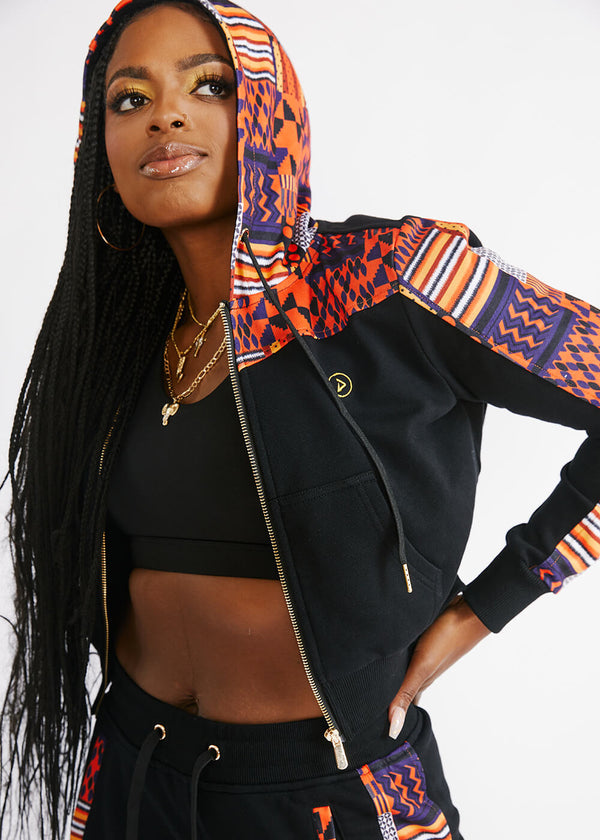 Mojuta Women's African Print Color-Blocked Zip-Up Hoodie (Black/Orange Navy Kente) - Clearance