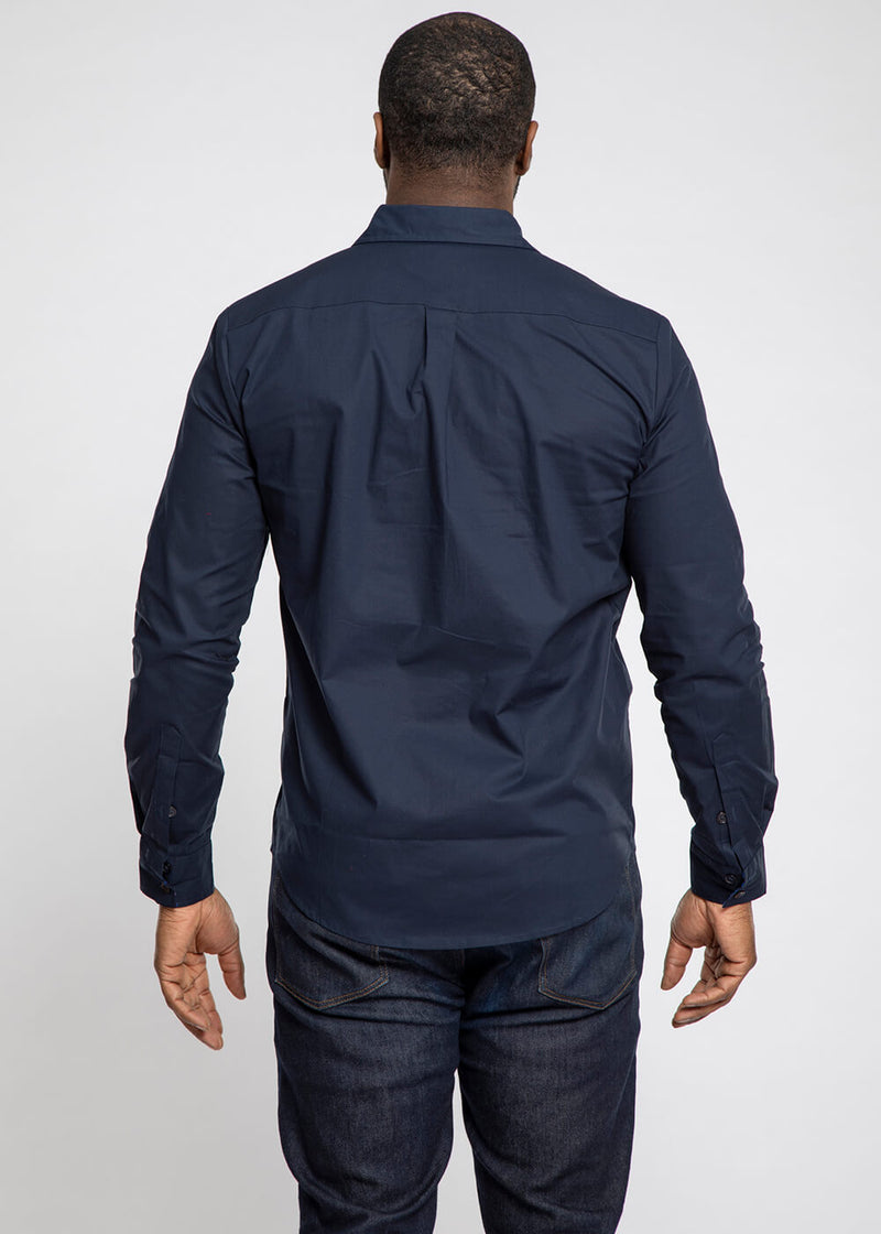 Obasi African Print Long Sleeve Button-Up Shirt (Navy/Purple Blue Flowers) - Clearance