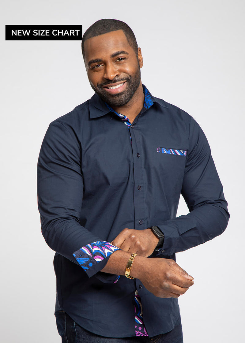 Obasi African Print Long Sleeve Button-Up Shirt (Navy/Purple Blue Flowers) - Clearance