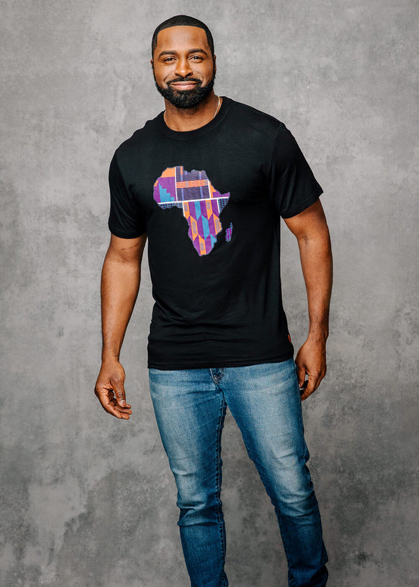 Kirabo Men's African Print Africa Map T-shirt (Black/Purple Navy Kente)