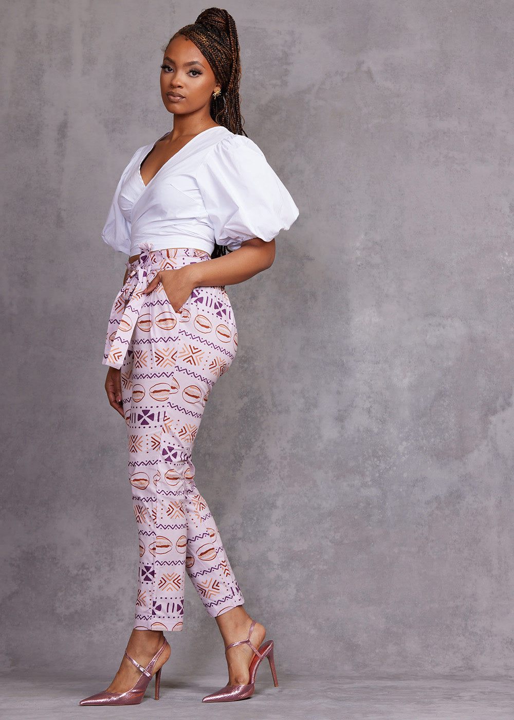 Jemila Women's African Print High-Waisted Pants (Mauve Plum Mudcloth) - Clearance