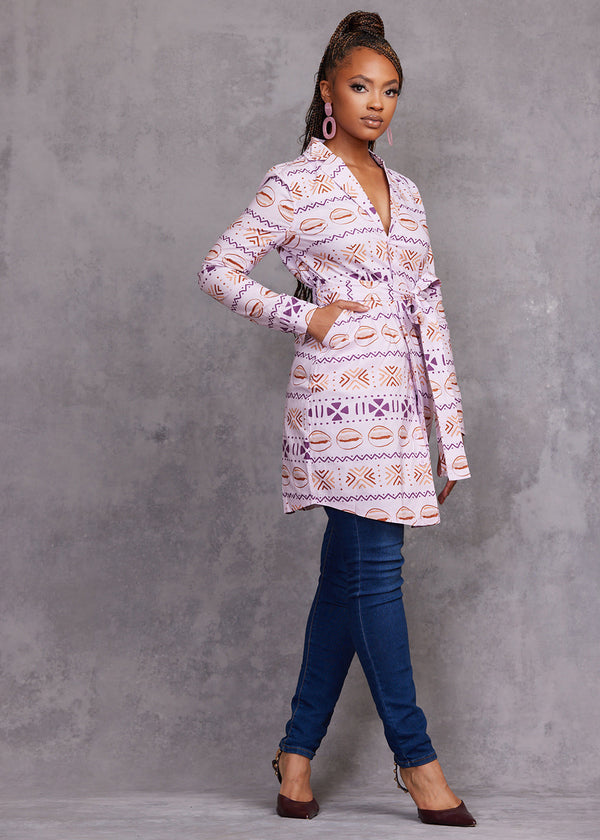 Aniyah Women's African Print Button-Up Shirt Dress (Mauve Plum Mudcloth) - Clearance