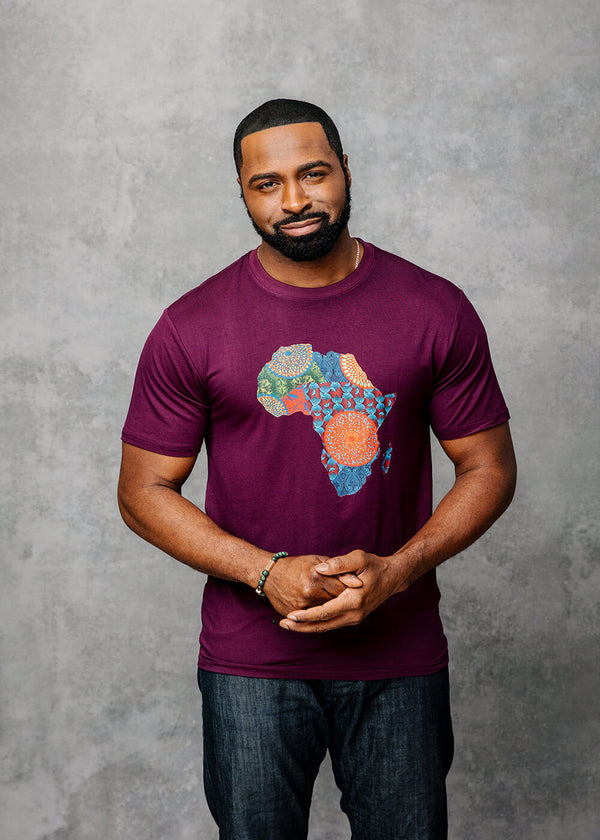 Kirabo Men's African Print Africa Map T-shirt (Plum/New Harvest Multipattern)