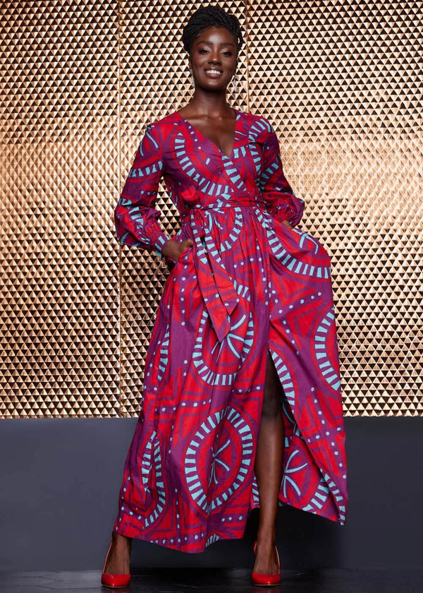 Rehema Women's African Print Maxi Dress (Red Mint Medallion)