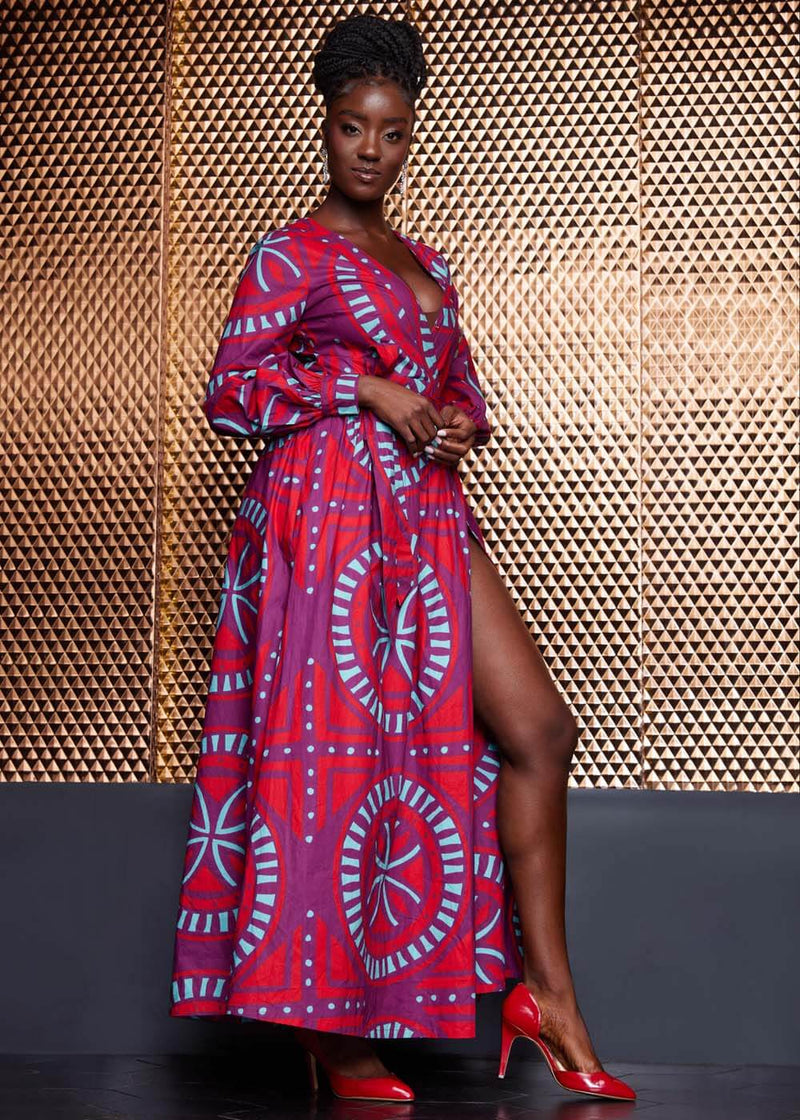 Rehema Women's African Print Maxi Dress (Red Mint Medallion) - Clearance