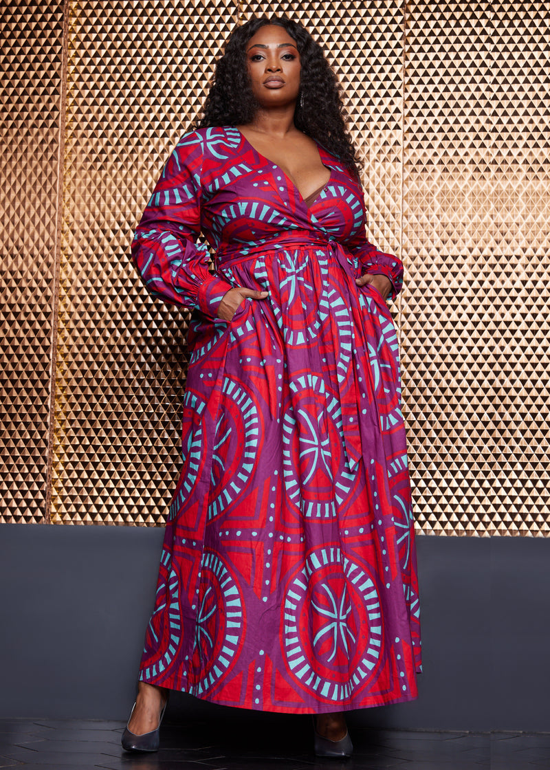 Rehema Women's African Print Maxi Dress (Red Mint Medallion) - Clearance