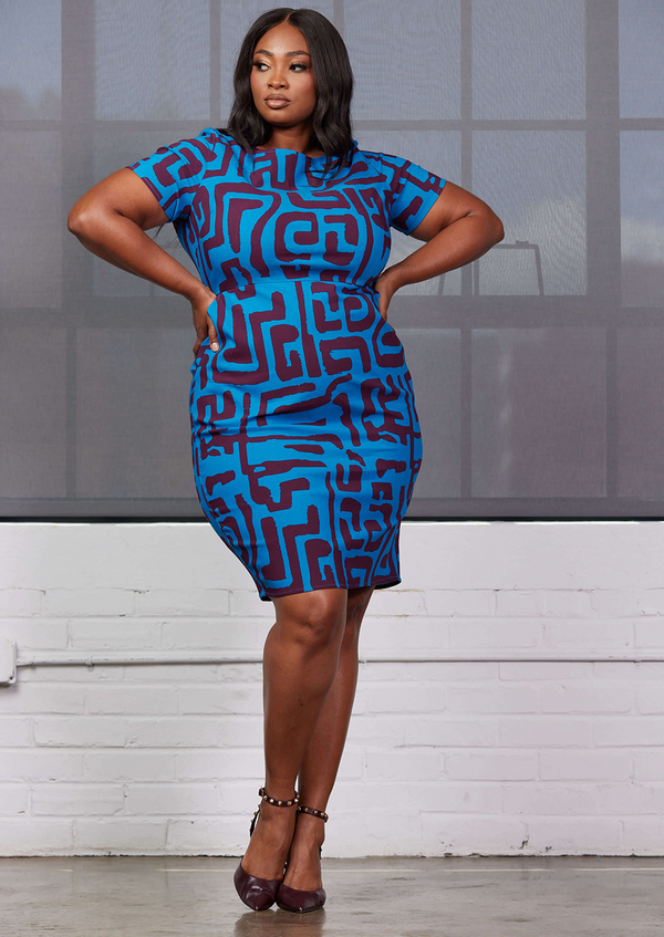 Sabella Women's African Print Stretch Dress (Fig Blue Geometric)