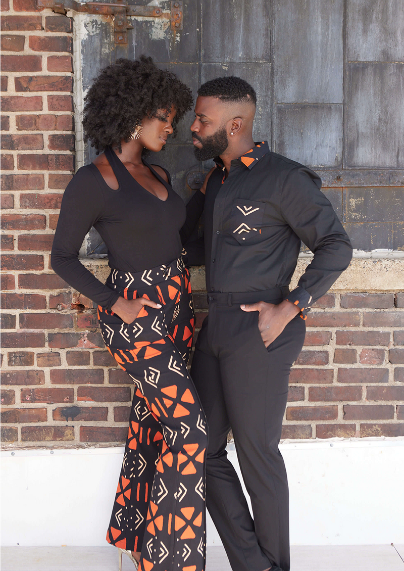 Sajoyo Men's African Print Button-Up Shirt (Black/Natural Mudcloth)