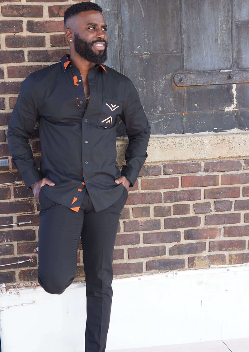 Sajoyo Men's African Print Button-Up Shirt (Black/Natural Mudcloth)