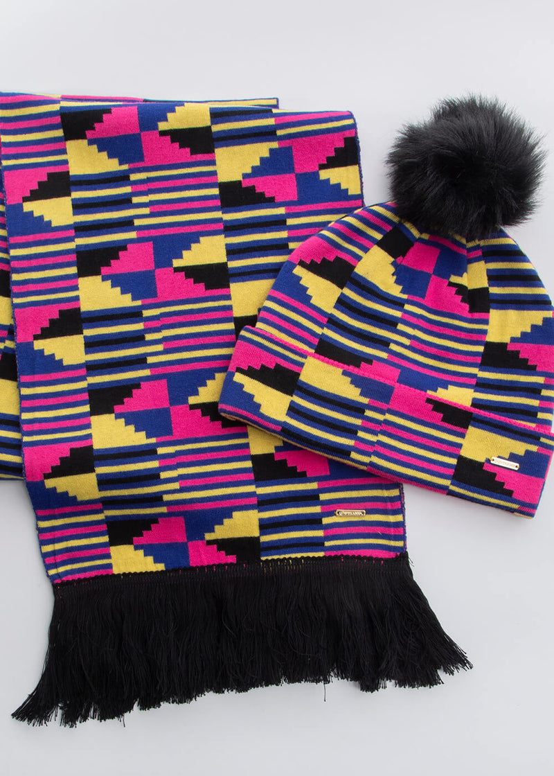 Seda African Print Knit Scarf (Pink Yellow Kente)-Clearance
