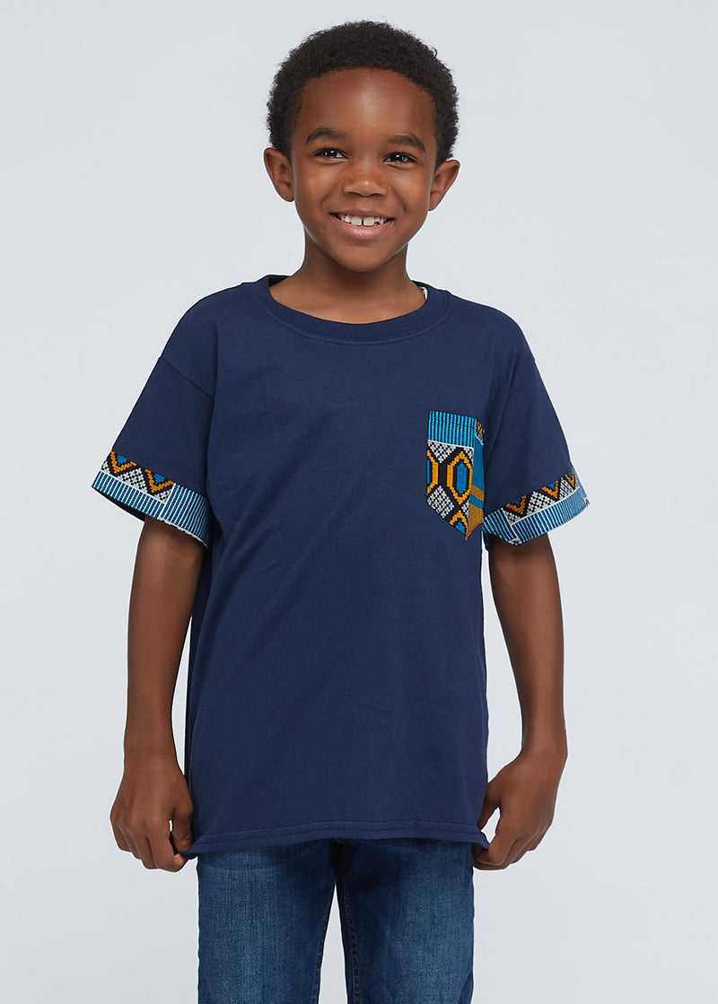 Seun Boy's African Print T-Shirt (Blue/Tan/Navy)