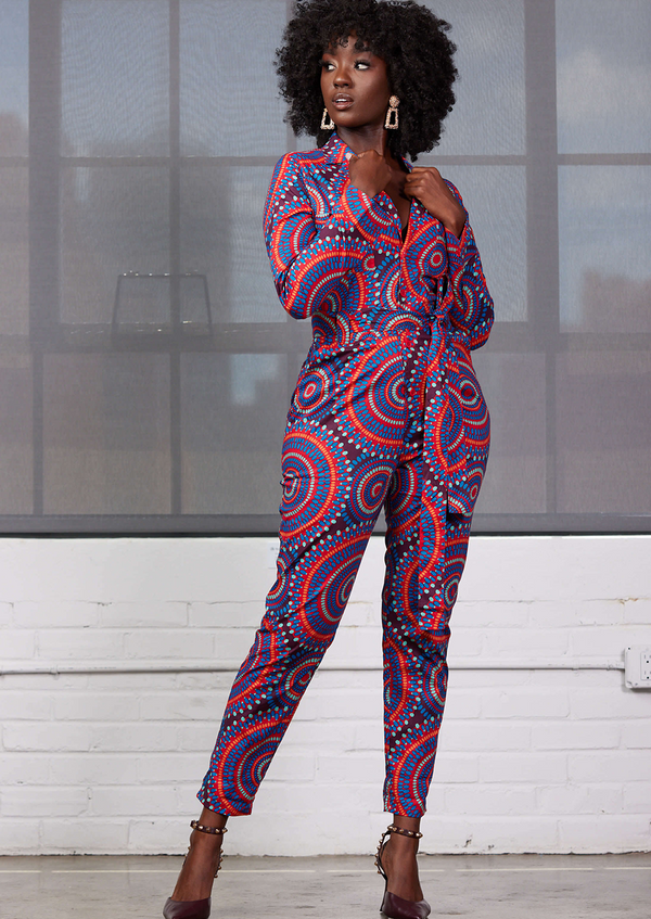 Shoyebi Women's African Print Jumpsuit (Red Indigo Circles)