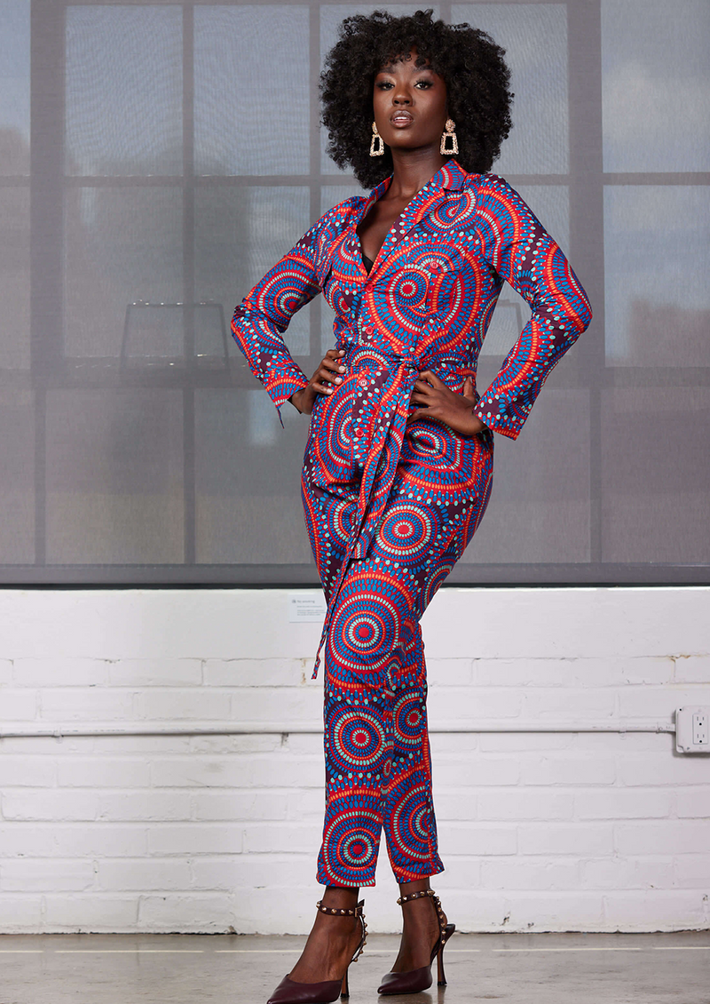 Shoyebi Women's African Print Jumpsuit (Red Indigo Circles)
