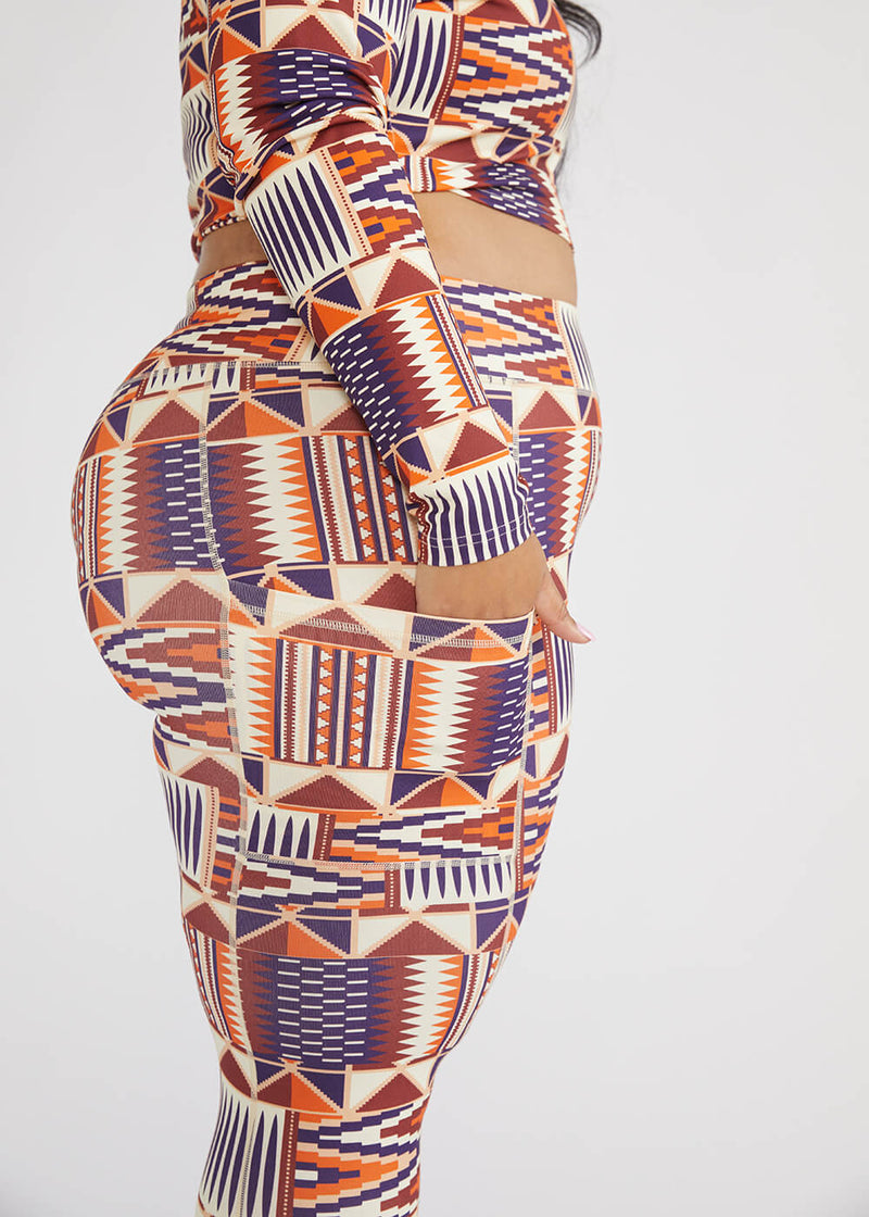 Sise Women's African Print Leggings (Cream Maroon Kente)