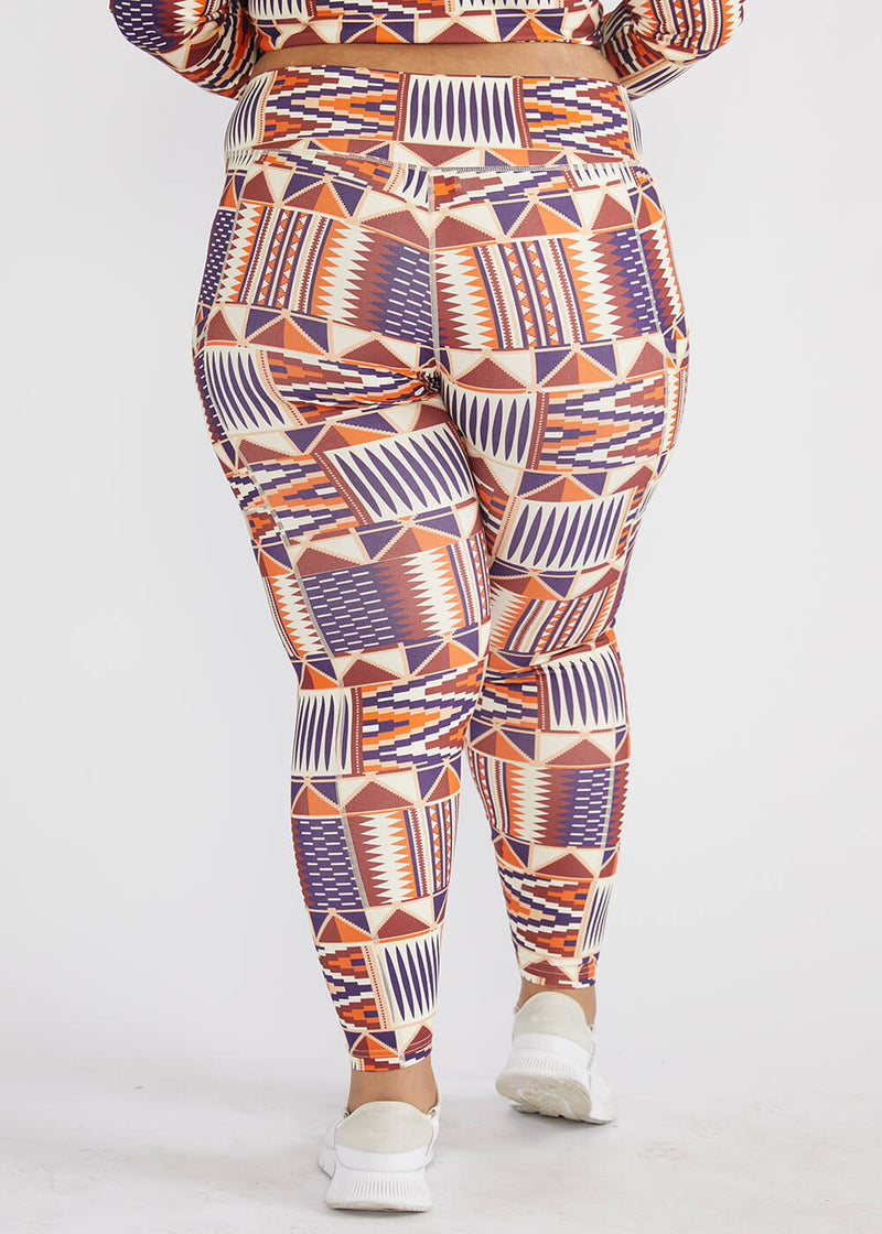 Sise Women's African Print Leggings (Cream Maroon Kente)