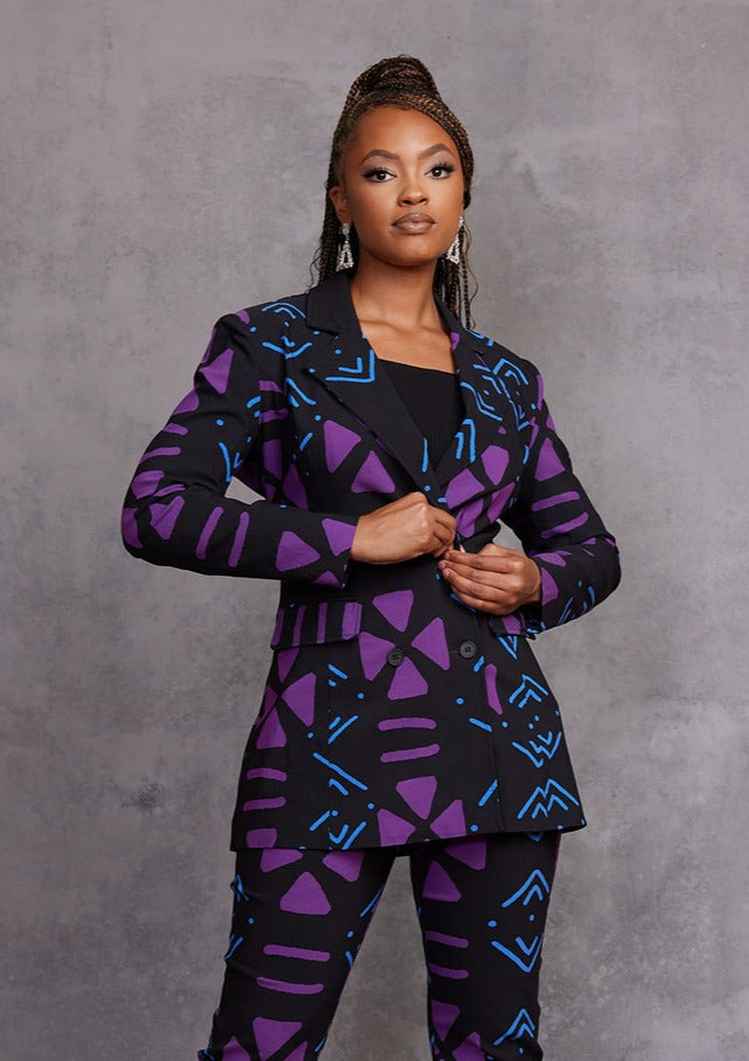 Uyai Women's African Print Stretch Blazer (Black Purple Mudcloth)