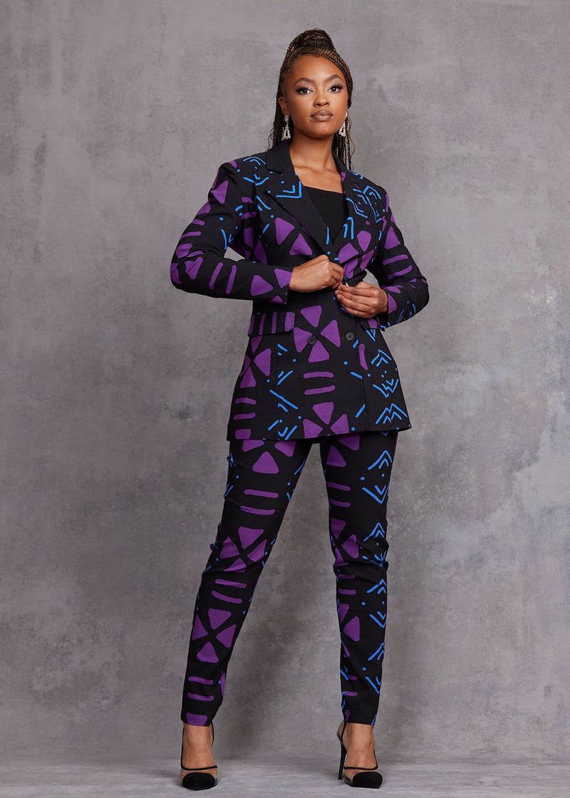 Uyai Women's African Print Stretch Blazer (Black Purple Mudcloth)