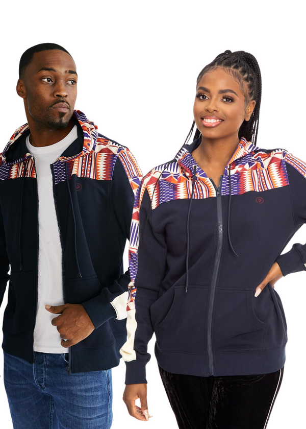 Tumo Unisex African Print Color-Blocked Zip-Up Hoodie (Navy/ Cream Maroon Kente) - Clearance