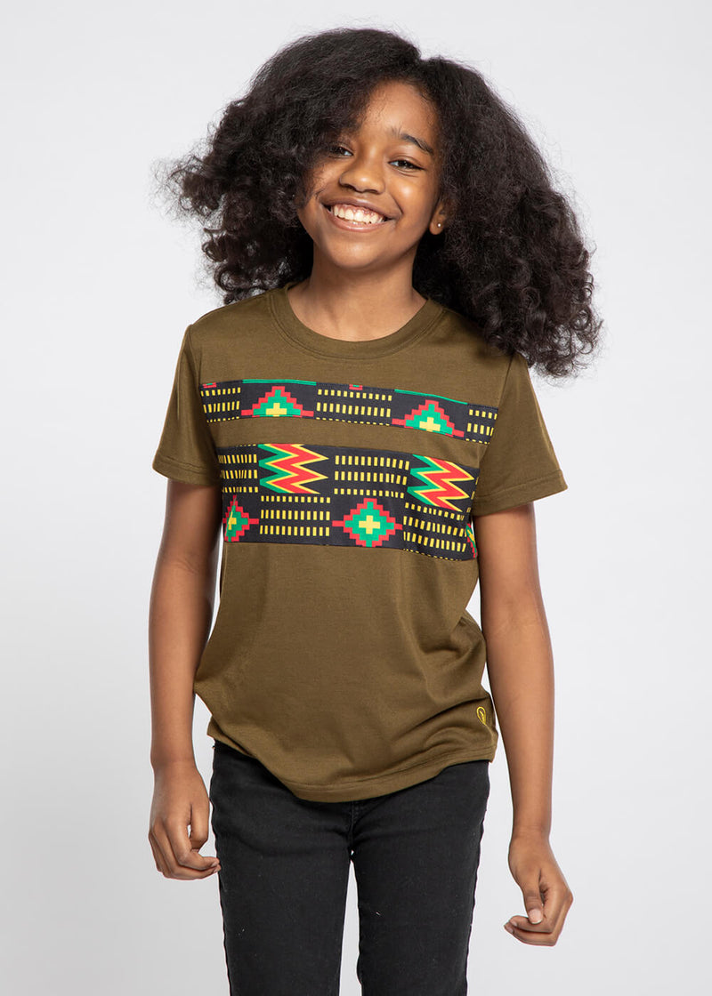 Umi Kid's African Print Color Blocked T-shirt (Olive Green/Black Green Kente)- Clearance