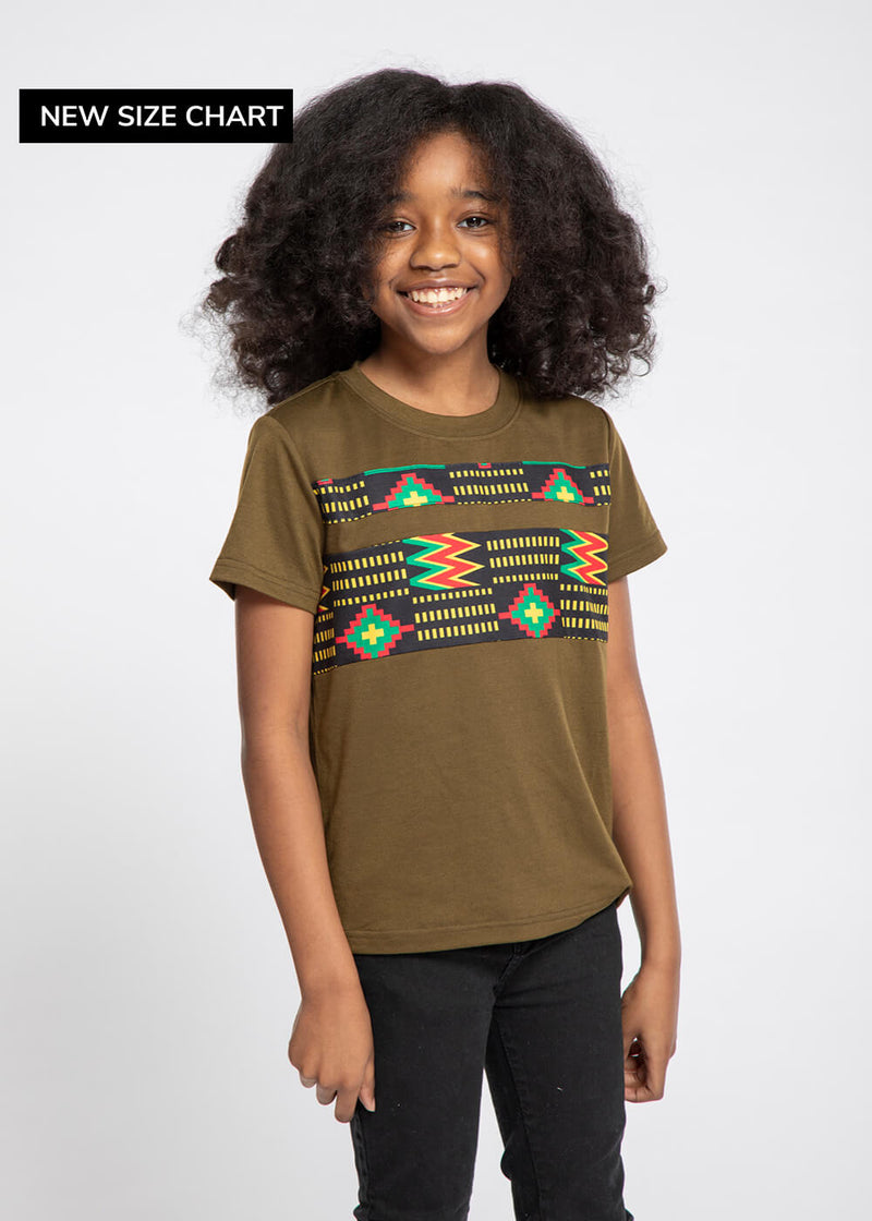 Umi Kid's African Print Color Blocked T-shirt (Olive Green/Black Green Kente)- Clearance