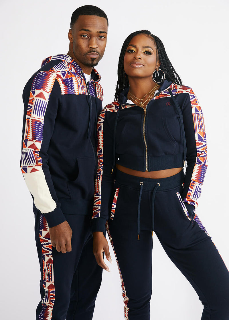 Mojuta Women's African Print Color-Blocked Zip-Up Hoodie (Navy/Cream Maroon Kente)