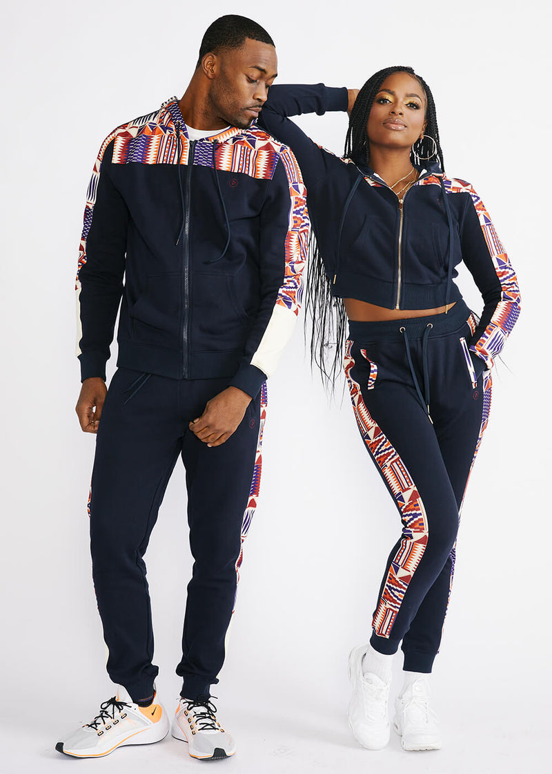 Ilipe Women's African Print Color-Blocked Joggers with Stripe (Navy/ Cream Maroon Kente) - Clearance