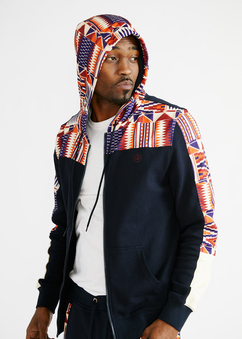 Tumo Unisex African Print Color-Blocked Zip-Up Hoodie (Navy/ Cream Maroon Kente) - Clearance