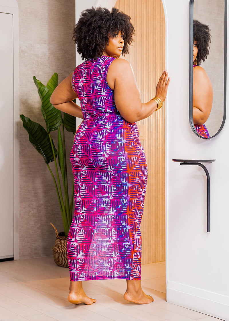 Jamilia Women's African Print Mesh Dress (Blue Raspberry Adire)-Clearance