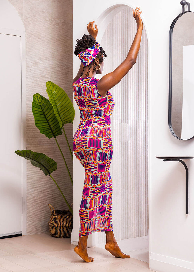 Jamilia Women's African Print Mesh Dress (Mint Purple Kente)